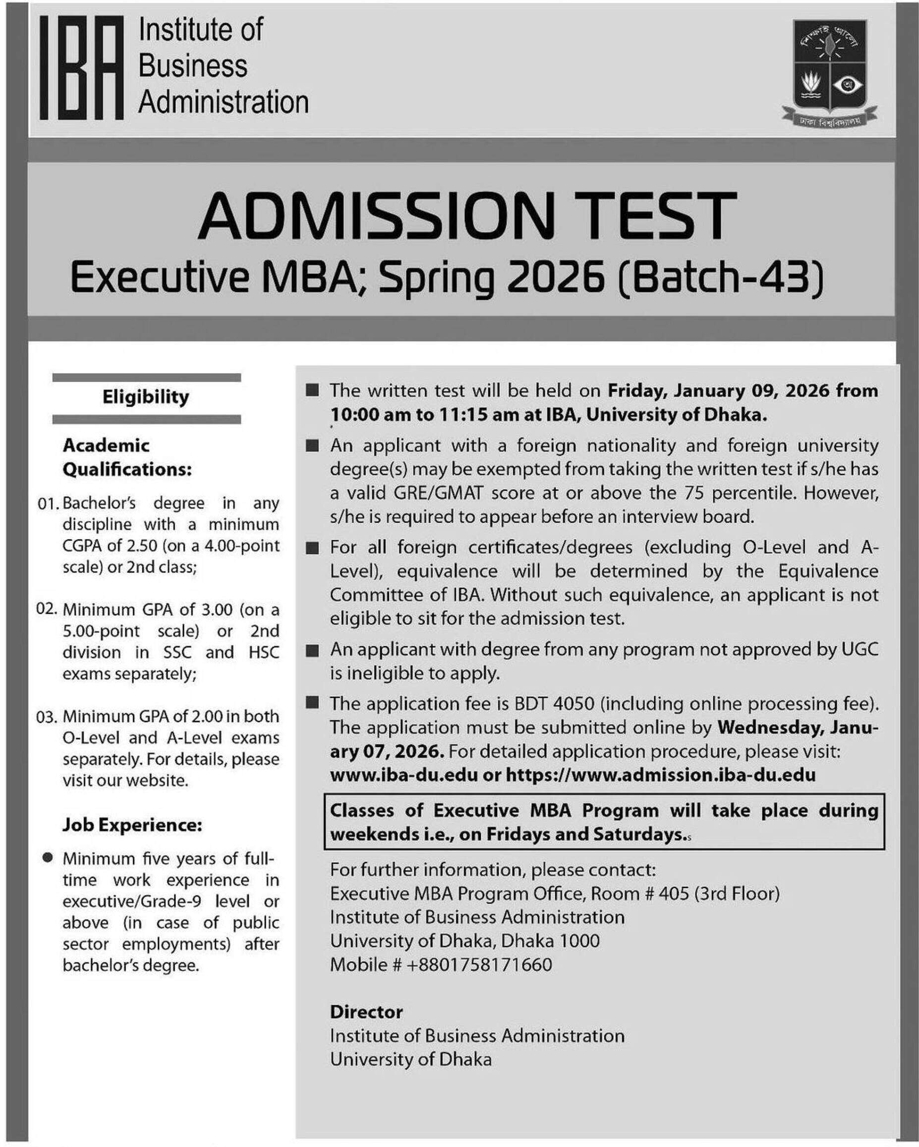 Dhaka University IBA Executive MBA Admission Circular 2026