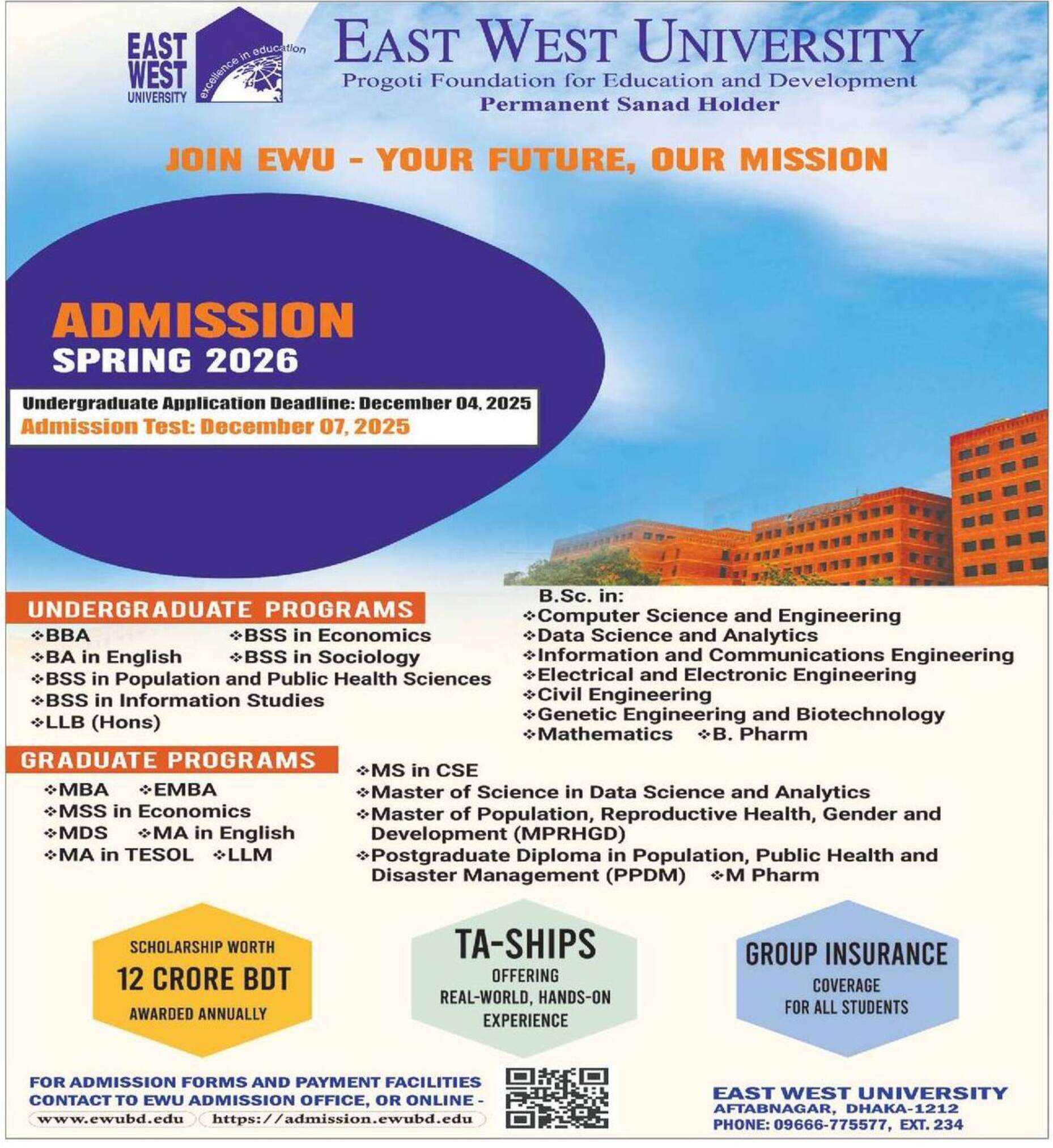 EWU East West University Admission Circular 2025-26
