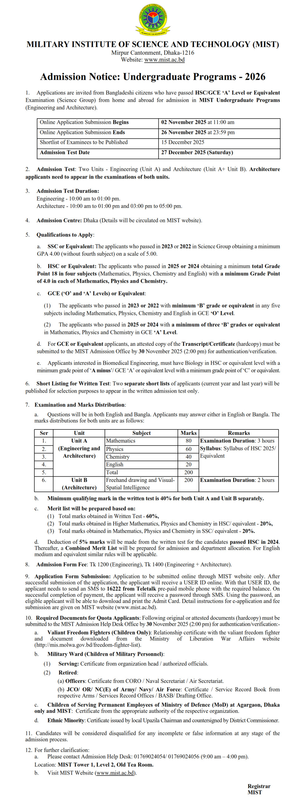 Military Institute of Science and Technology Admission Circular 2025-26