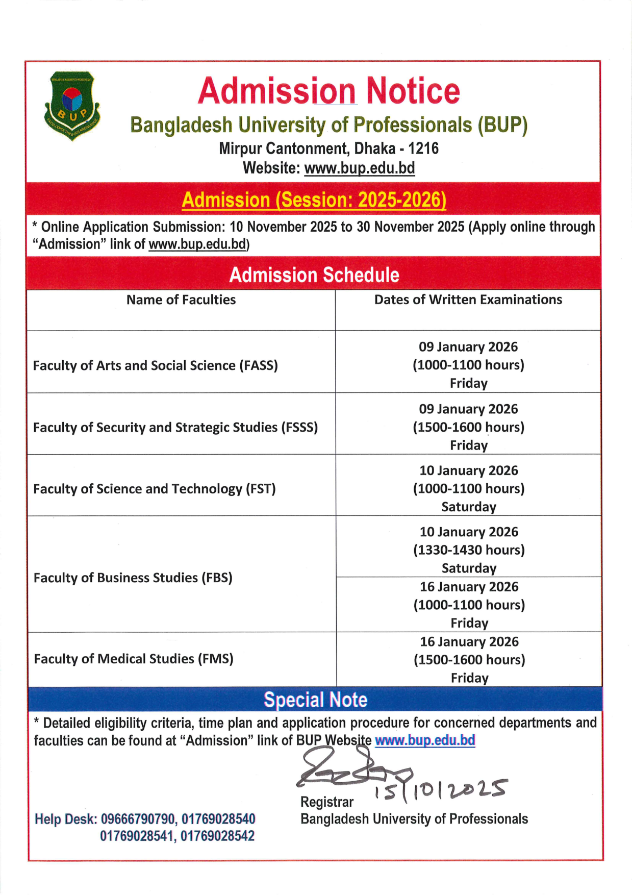 BUP Undergraduate Admission Circular 2025-26