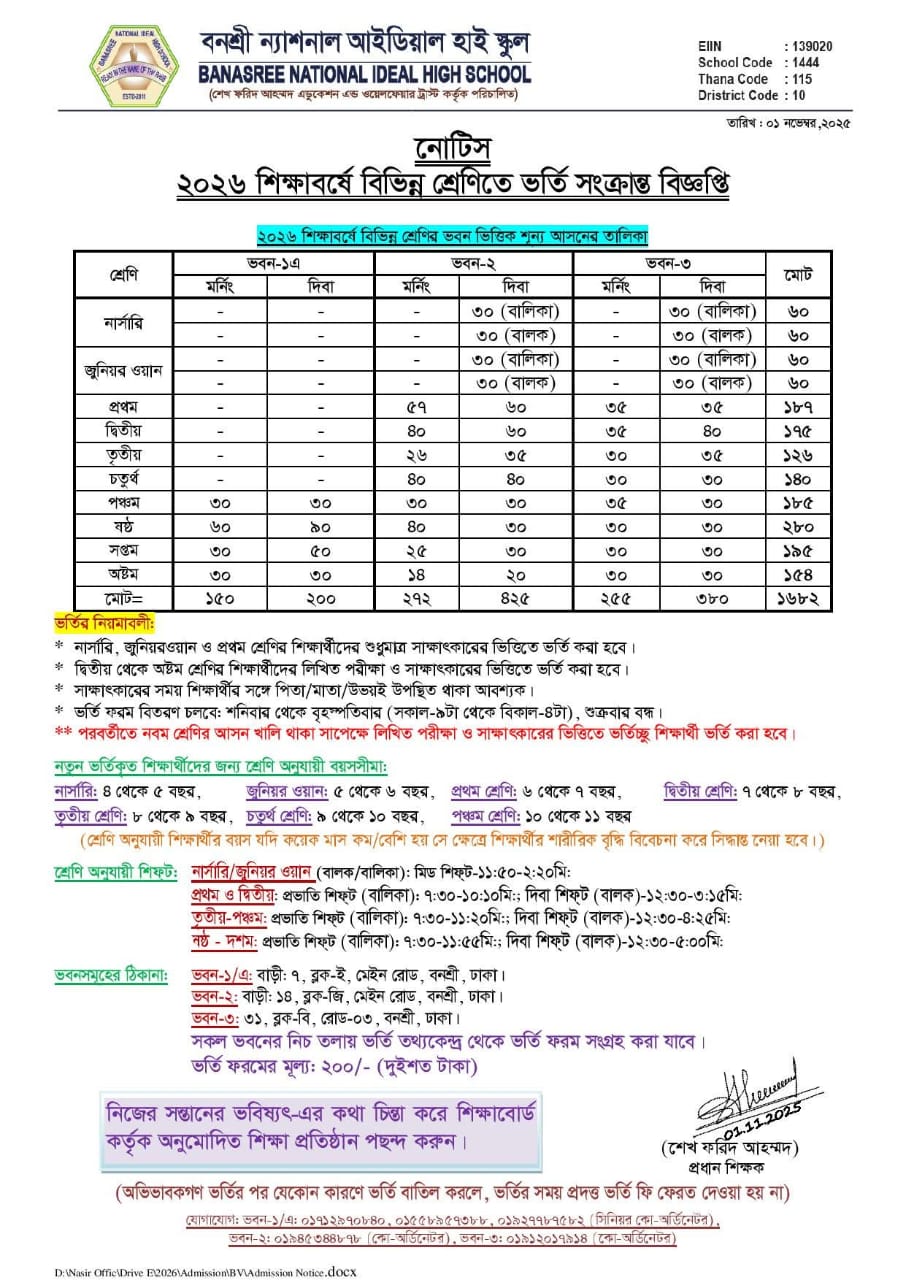 National Ideal School Banasree Admission Circular 2026