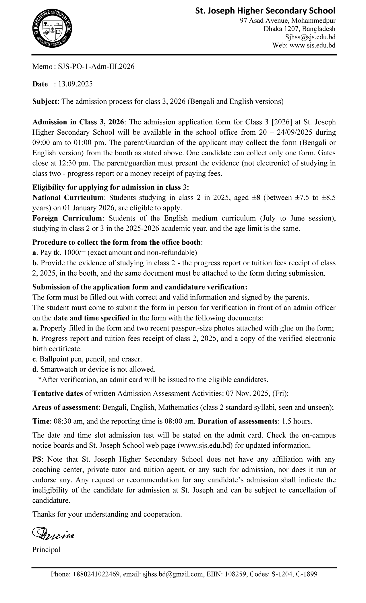 St Joseph Class 3 Admission Circular 2026