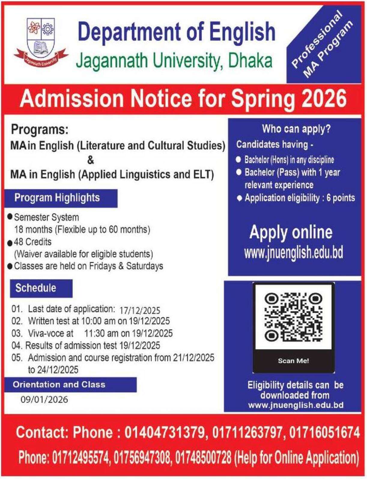 JNU Masters in English Admission Circular 2025