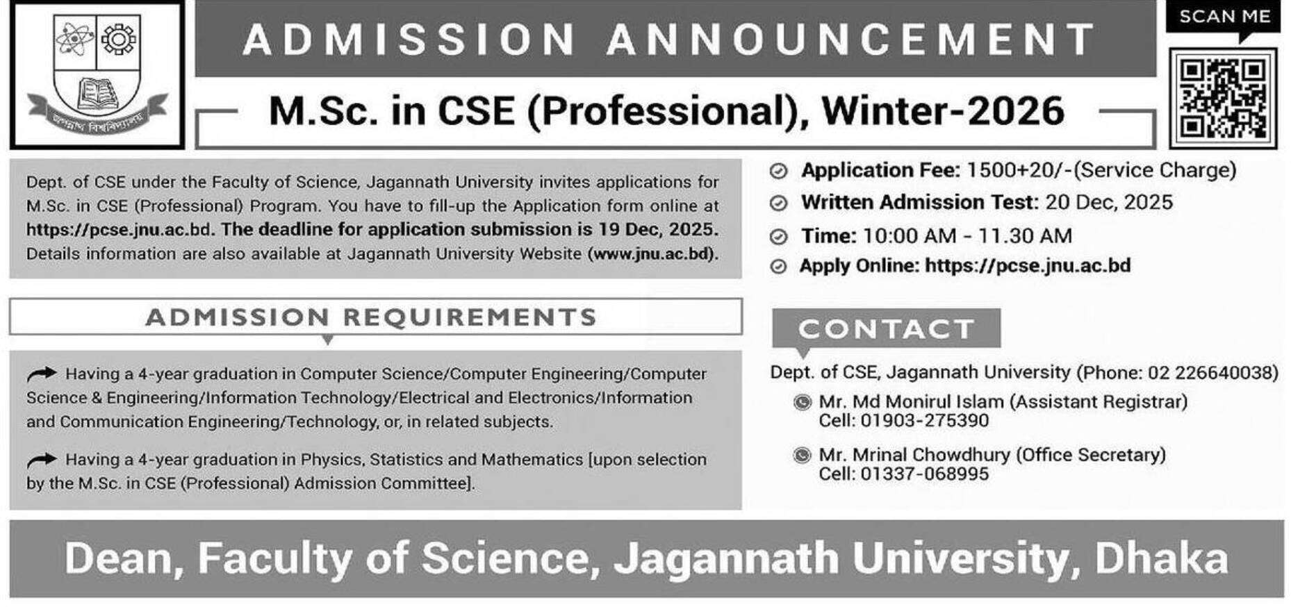 Jagannath University Masters in CSE Admission Notice 2026