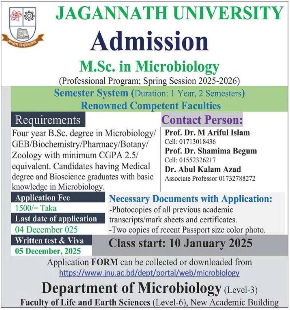 Jagannath University Masters in Microbiology Admission Circular 2026