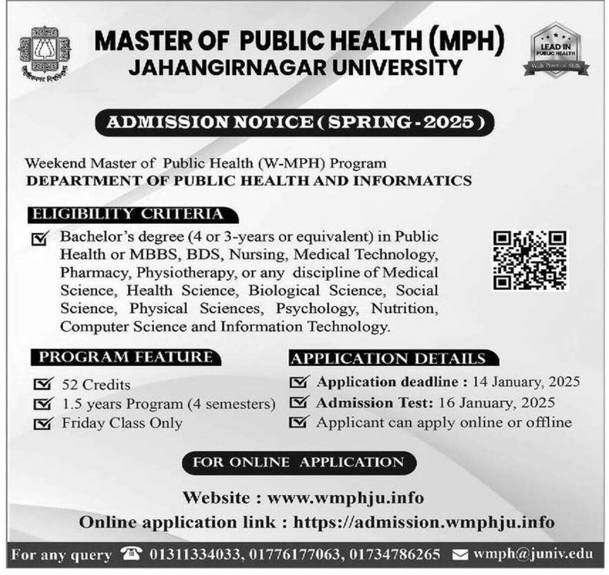 Jahangirnagar University Masters in Public Health Admission Circular 2026