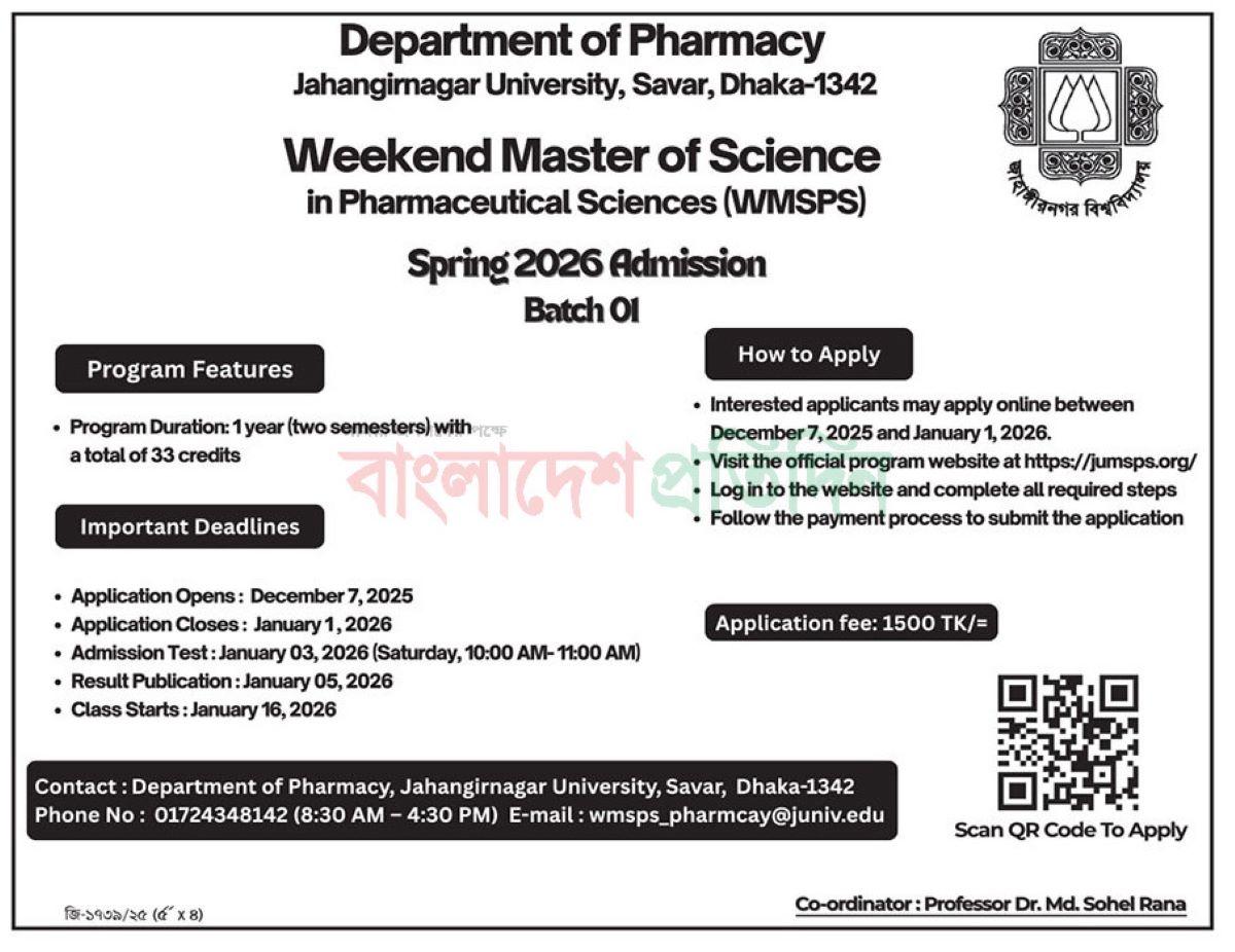 JU Masters in Pharmacy Admission Circular 2026