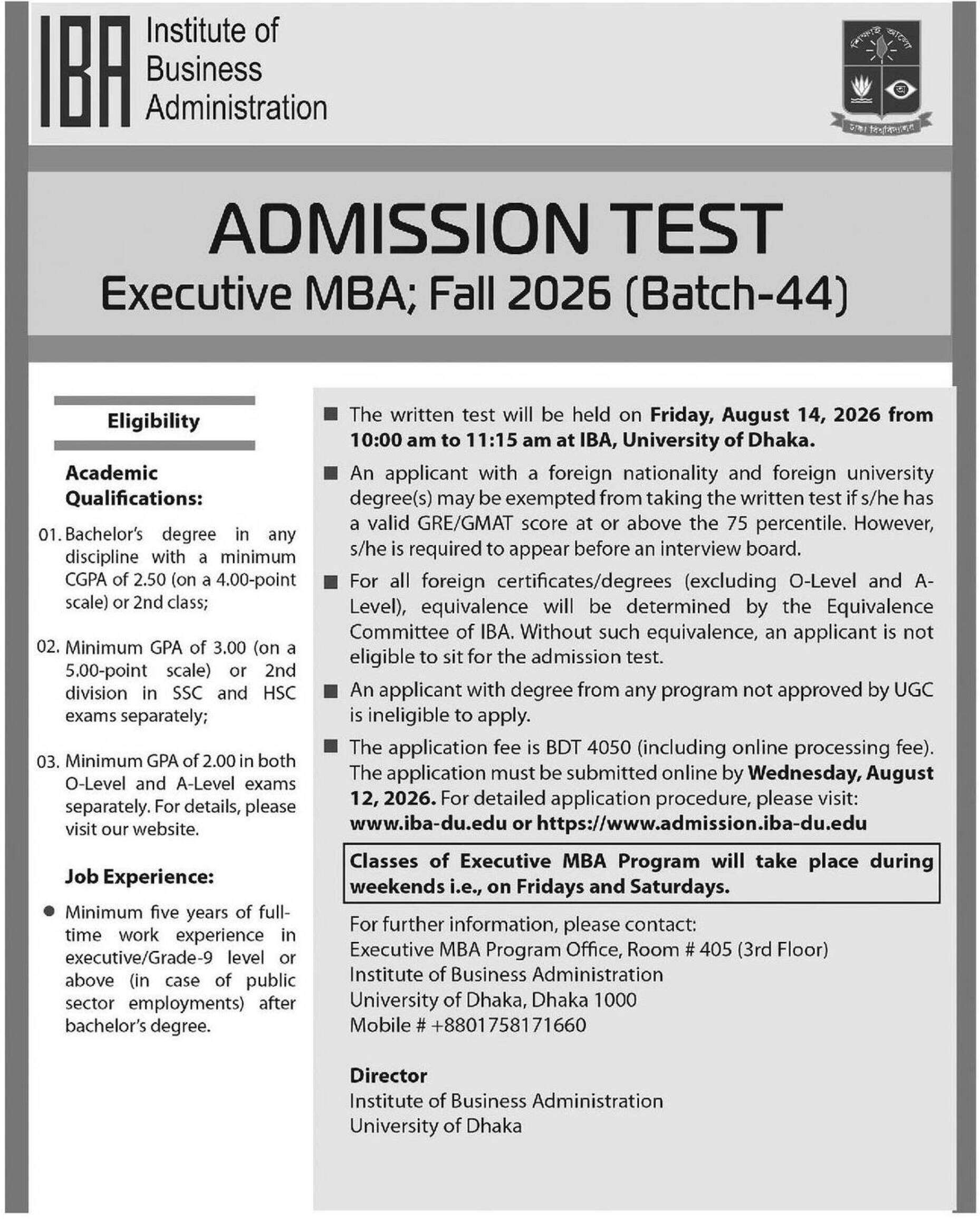 Dhaka University IBA Executive MBA Admission Circular 2026