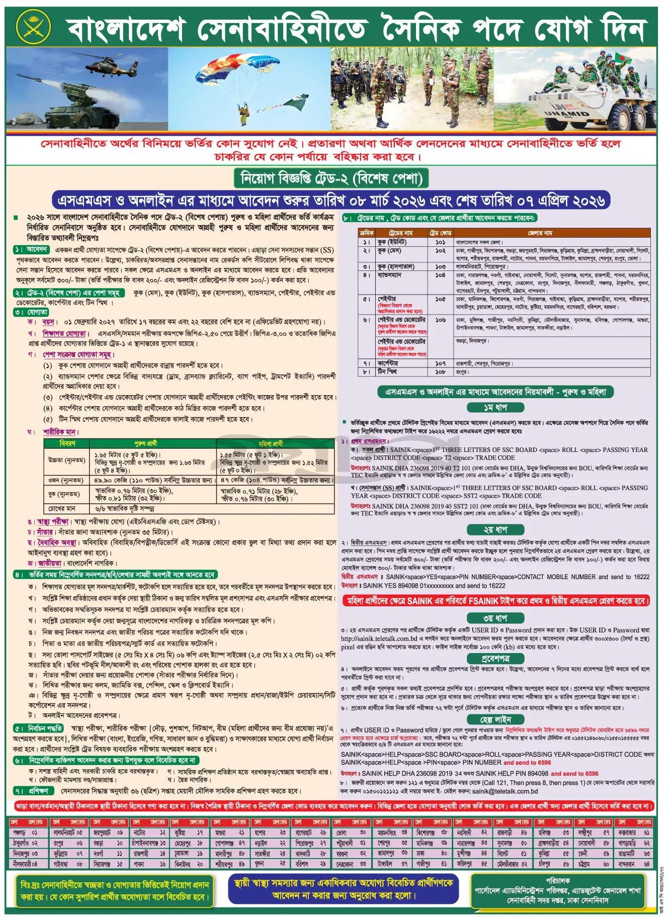 Bangladesh Army Sainik (Special) Job Circular 2026
