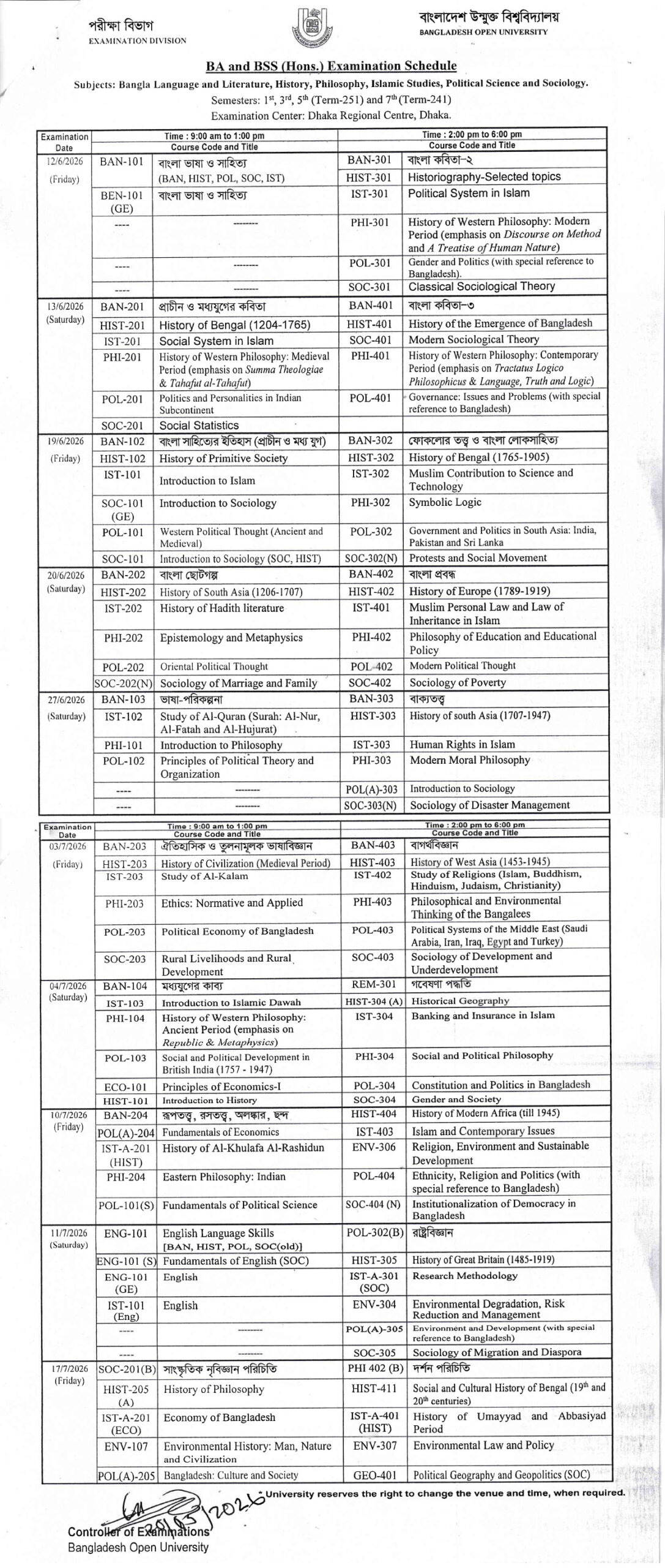 Open University BA/BSS (Hons) Exam Routine 2026