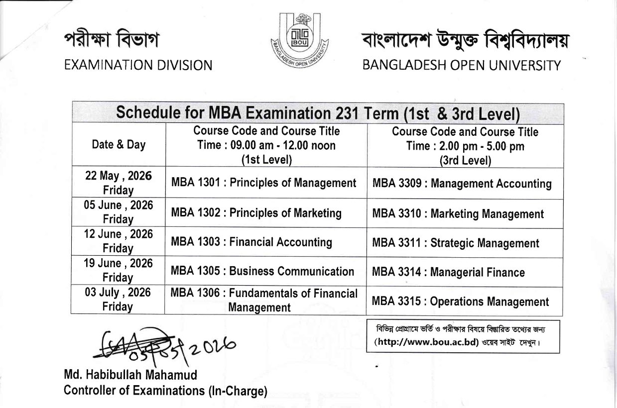 Open University MBA Exam Routine 2026 Term 231