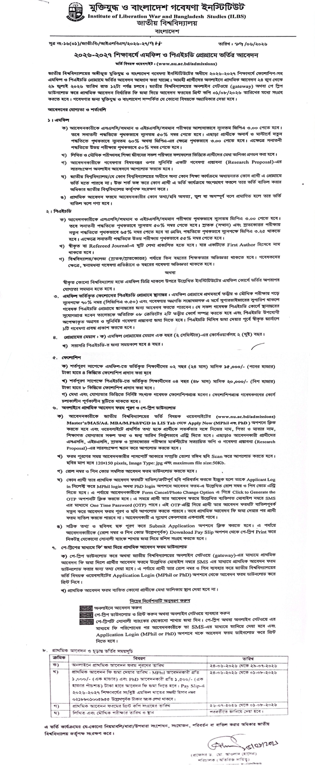 Institute of Liberation War M.Phil and PhD Admission Circular 2026