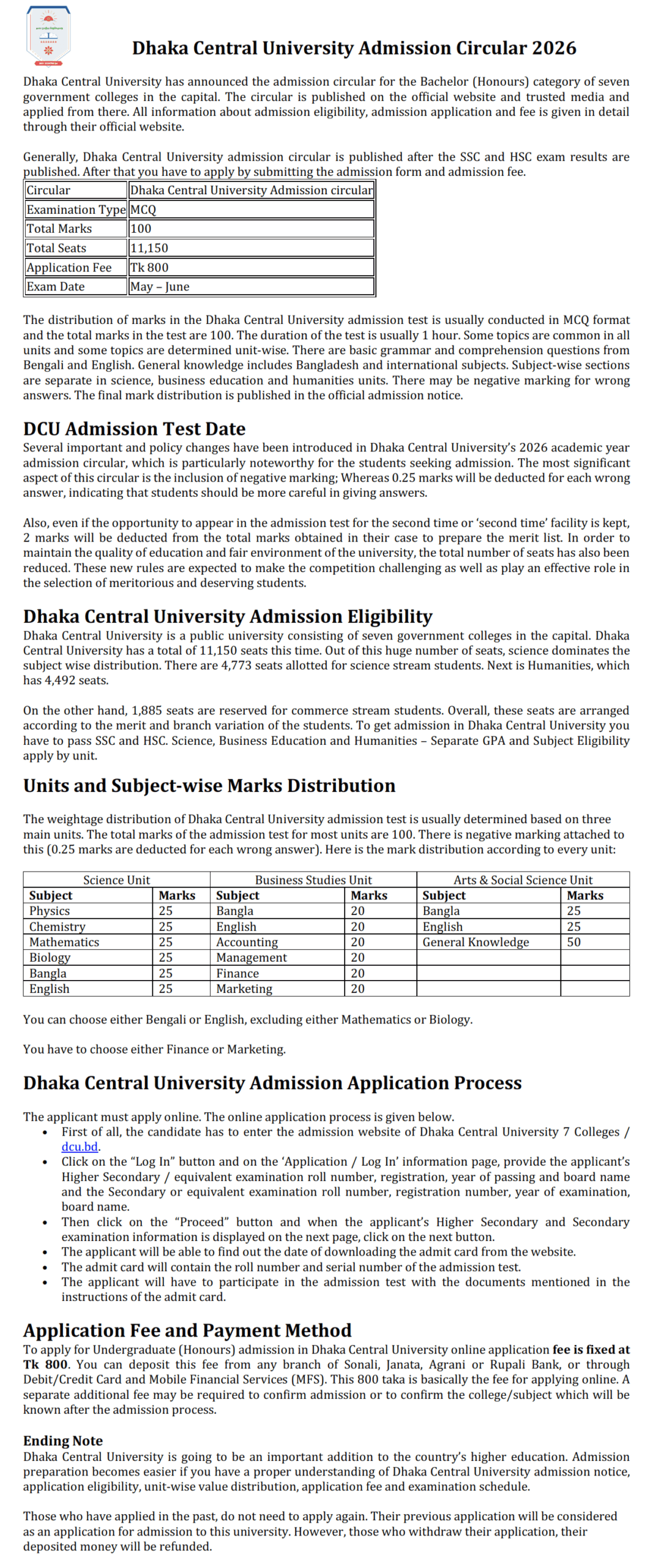 Dhaka Central University Admission Schedule 2026