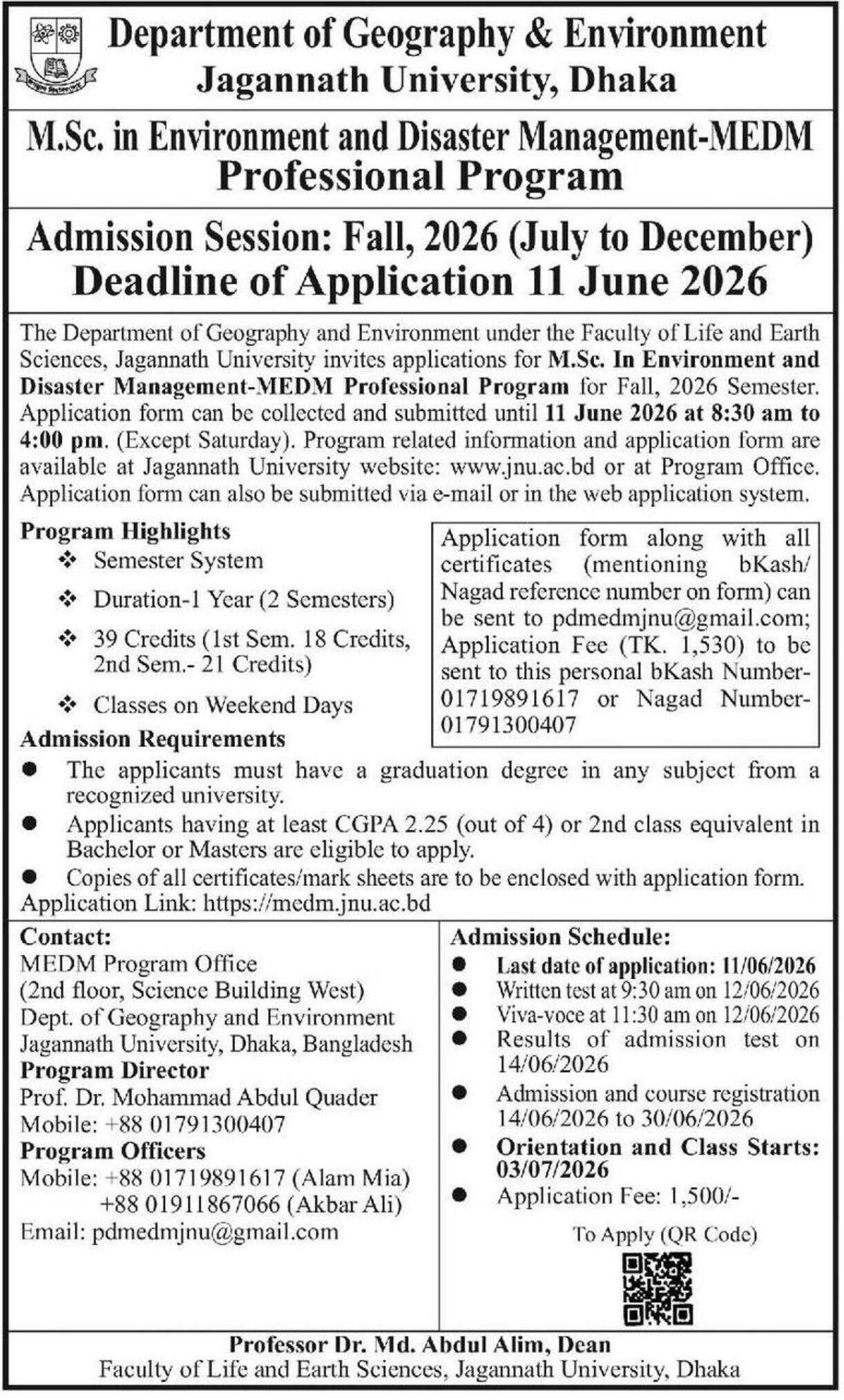 Masters in Environment & Disaster Management Admission Circular 2026