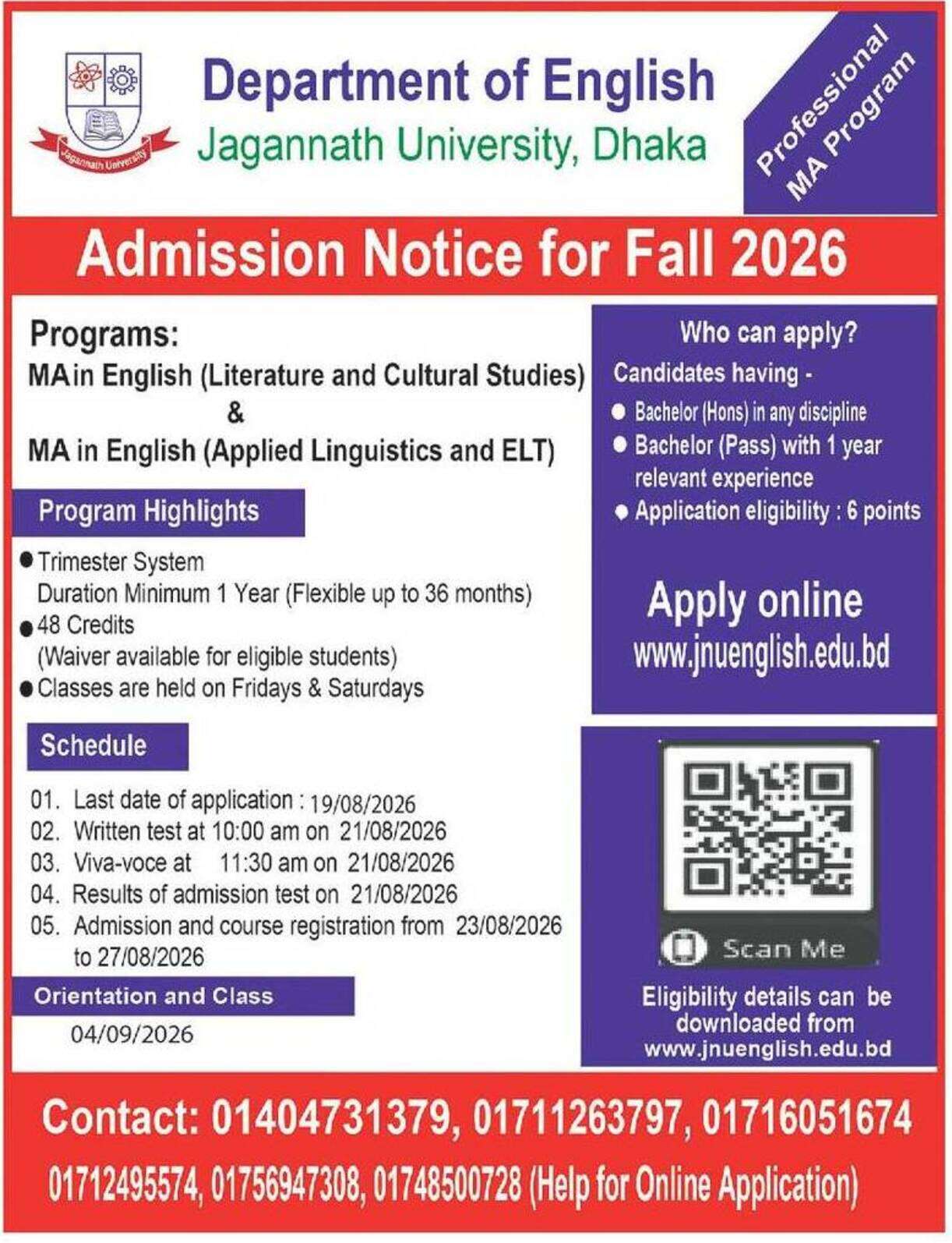Jagannath University Masters in English Admission Circular 2026