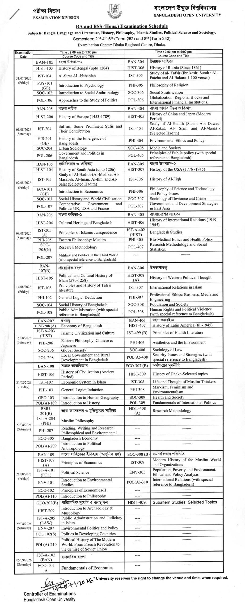 BOU BA/BSS (Hons) 2th, 4th, 6th Semester Exam Routine 2026