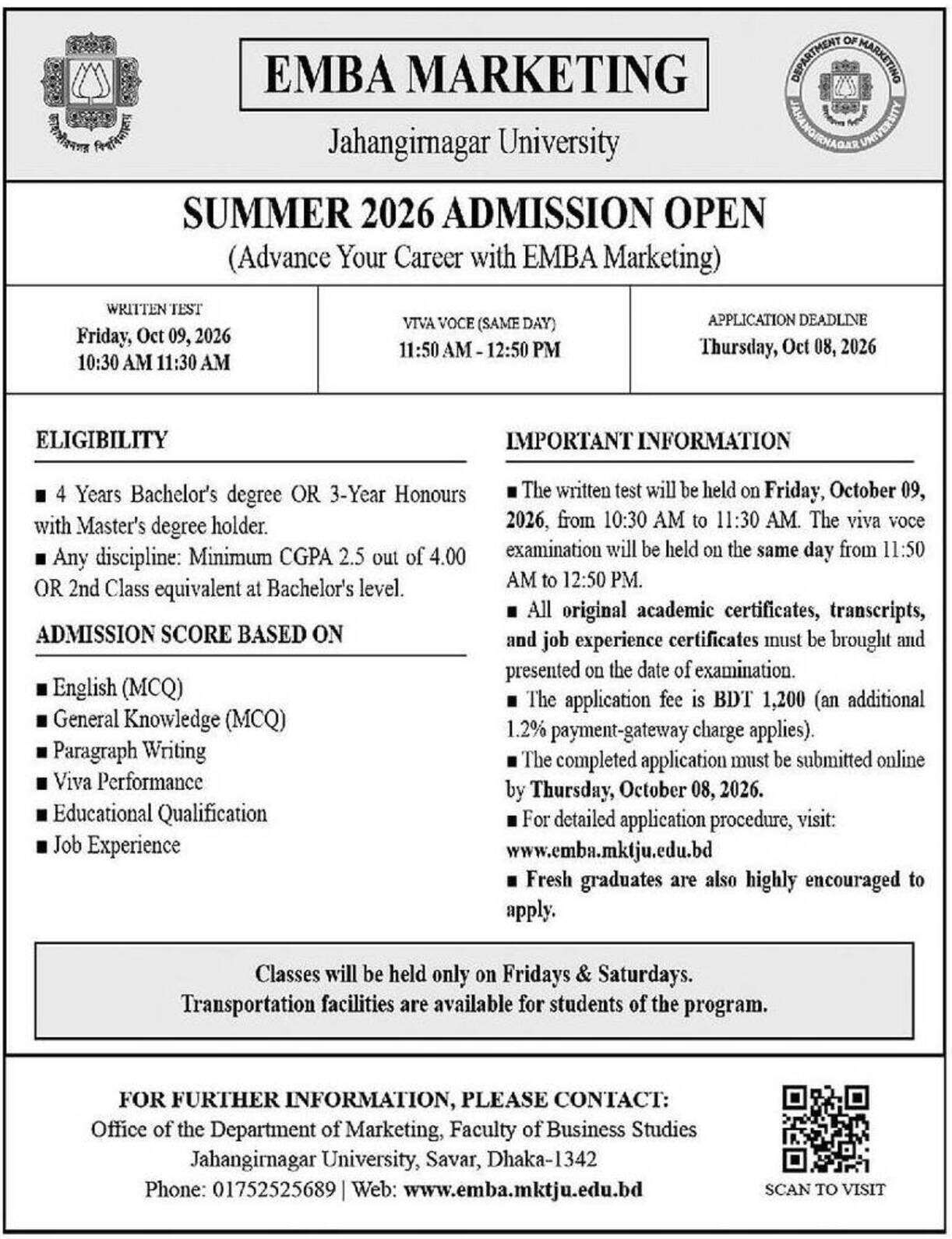 JU EMBA Marketing Admission Circular 2026