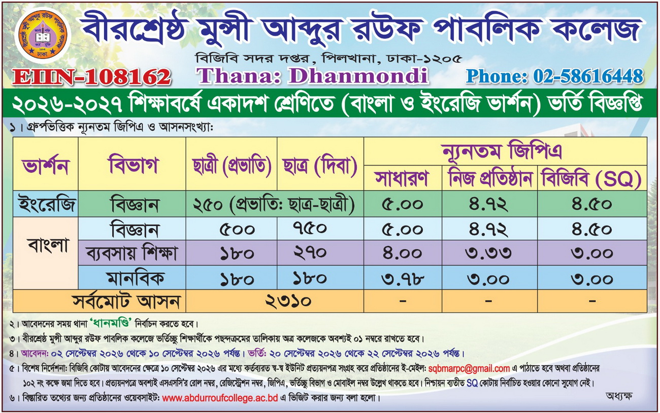 Birshreshtha Munshi Abdur Rouf College HSC Admission Circular 2026
