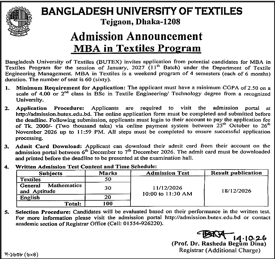 BUTEX MBA Admission Circular 2026-27