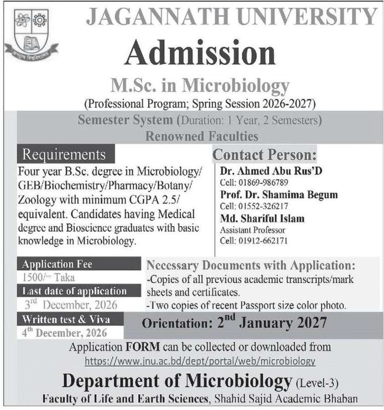 Jagannath University Masters in Microbiology Admission Circular 2026